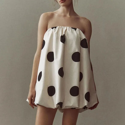 Women Polka Dot Bubble Mini Dress Strapless Flowy Short Tube Dress Off Shoulder Y2k Balloon Dress Party Beach