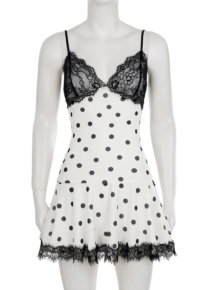 Polka Dot Backless Sexy Mini Dress Women Elegant V Neck Spaghetti Strap Sleeveless Lace A-line Club Party Dress Female