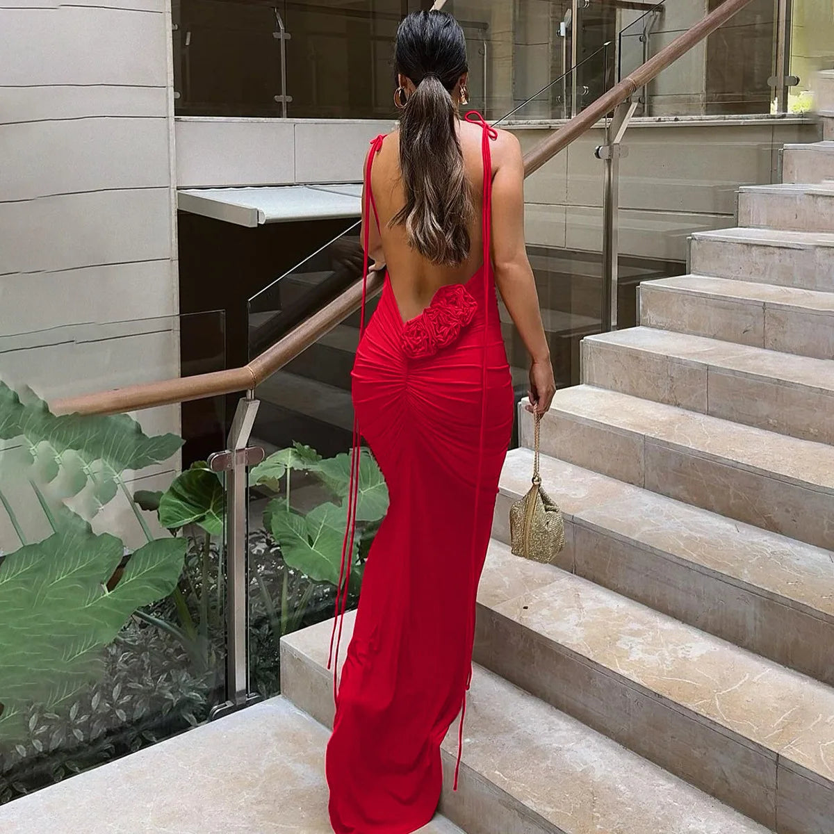 Sexy Lace Up Floral-applique Backless Maxi Long Dresses Elegant Summer Black Red Party Dress Women