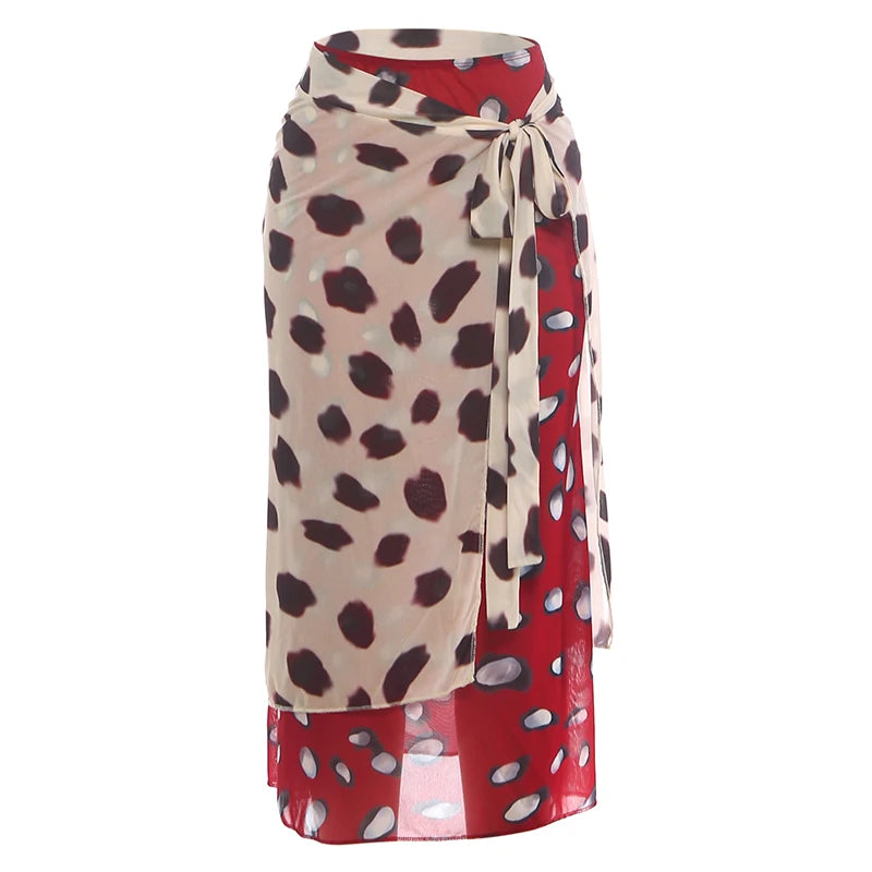 Dots Mesh Patchwork Long Skirts Woman Summer Trend Elastic Waist Wrap Hip High Street Ruched Elegant Style Bottoms