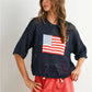 Women's Short Sleeve Crochet Knit Sweater Round Neck American Flag Graphic Pullover Loose Fit Summer Knitwear