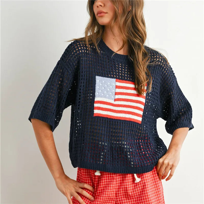 Women's Short Sleeve Crochet Knit Sweater Round Neck American Flag Graphic Pullover Loose Fit Summer Knitwear