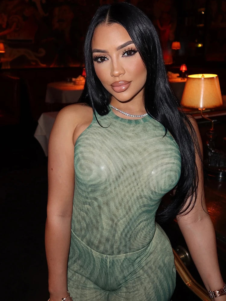 Geometric Print Patchwork 2 Piece Set Women o-Neck Skinny Bodysuit+Wide-leg Trousers Midnight Club Party Sexy Outfits