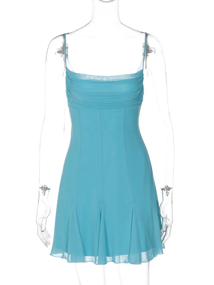 Women Mesh Spaghetti Strap Mini Dress Square Neck Ruched Bust Backless Dress Summer Club Party Evening Bodycon Dresses