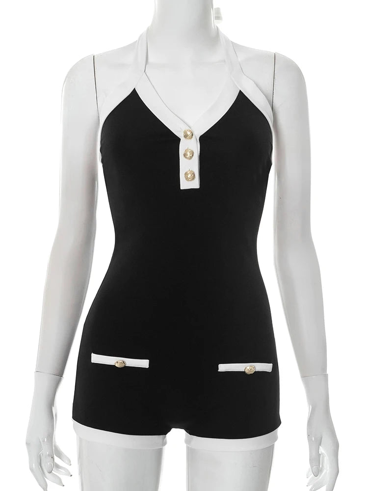 Contrast Patchwork Playsuits Women Lace-Up Halter Low-Neck Backless Button Decoration Skinny Peach Hip Fashion Romper