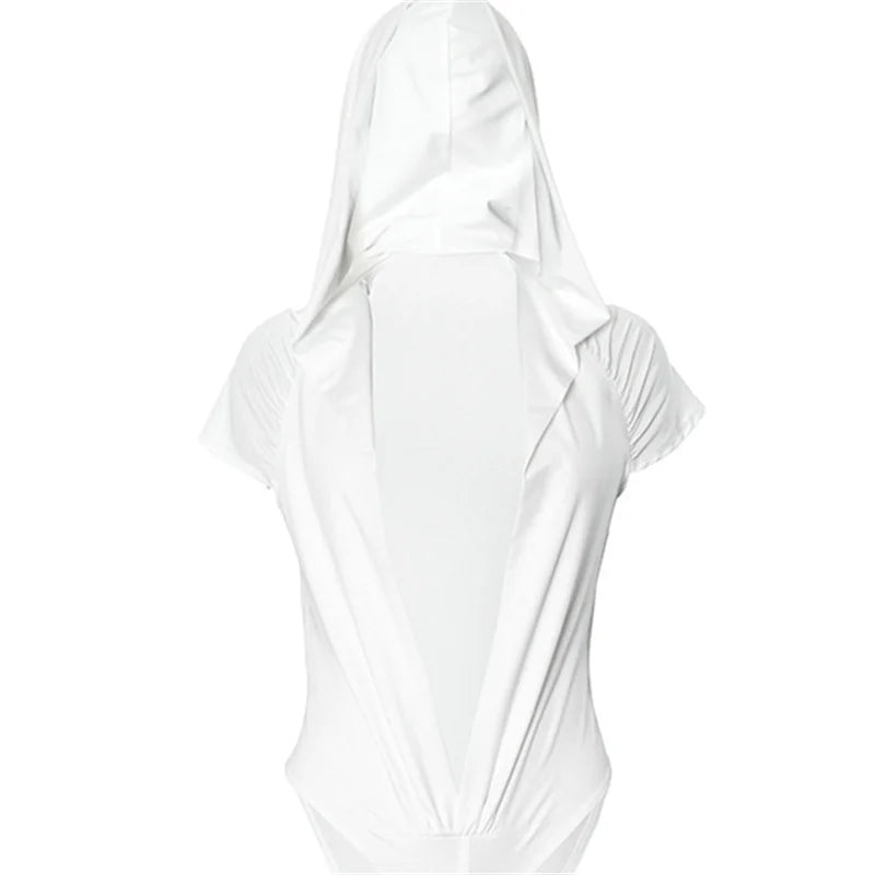 Hooded Bodysuit Women Summer Simple Deep v-Neck Short Sleeve Tops Trend Hipster Solid Clubwear Stretch Tight Bodycon