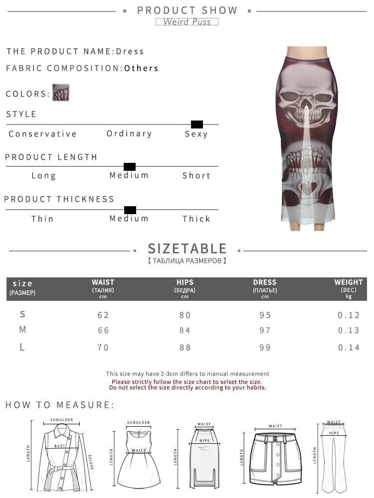See Through Skirts Women 2025 Summer Trend Skulls Print Sexy  Skinny Stretch Wild Basic Clubwear Midnight Long Skirts