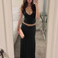 Women 2 Piece Outfits Sleeveless Deep V Ruched Crop Top High Waist Maxi Skirt Matching Set Vacation Club Party Dresses