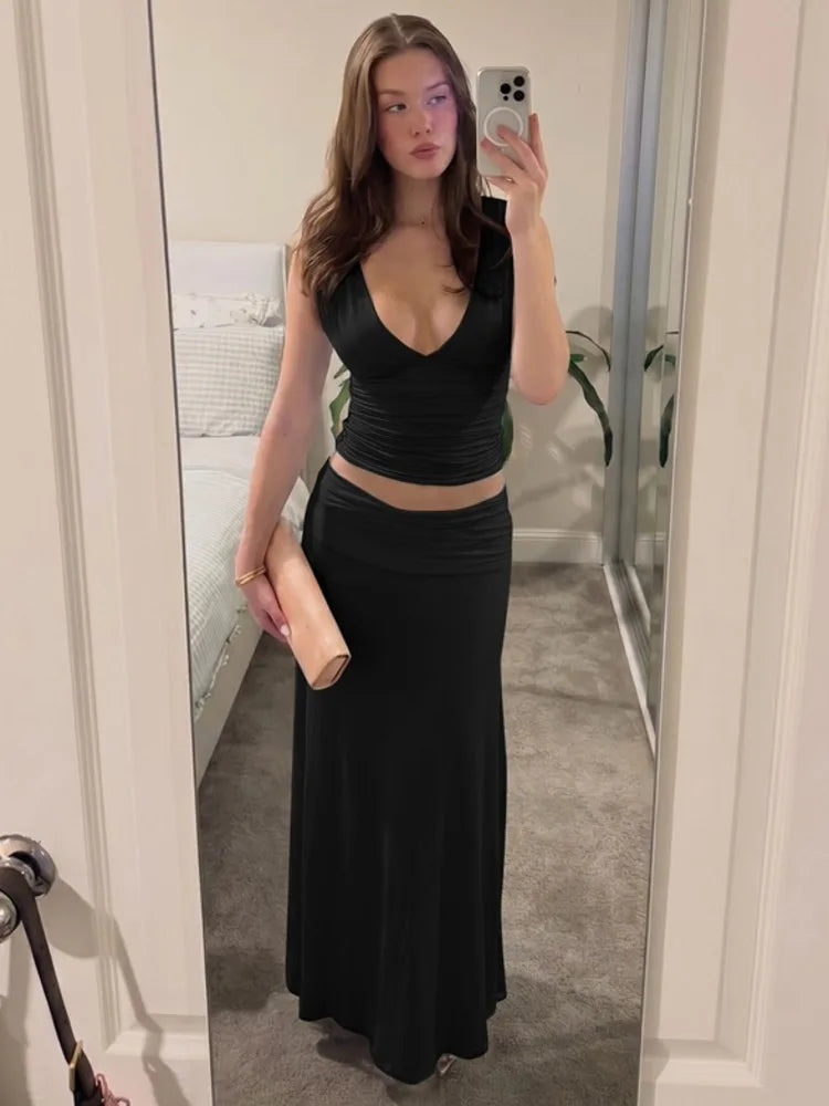 Women 2 Piece Outfits Sleeveless Deep V Ruched Crop Top High Waist Maxi Skirt Matching Set Vacation Club Party Dresses