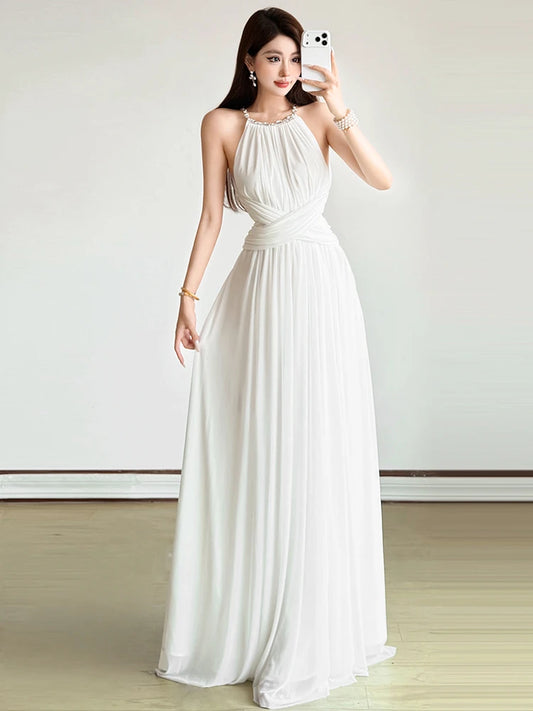 Birthday Party Backless Maxi Dress Women Beaded Chain Folds Sleeveless o-Neck Elegant Vacation Summer Chic Trend Vestidos