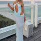 Sexy See Through 2 Piece Set Women Halter Metal Patchwork Hollow Bodysuits+Solid Long Skirts Beach Party Elegant Suit