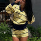 Sporty Stripes 2 Piece Set Women Color Blocking Trend Full Sleeve V-Neck T-Shirt+Bike Short Fashion Simple Streetwear