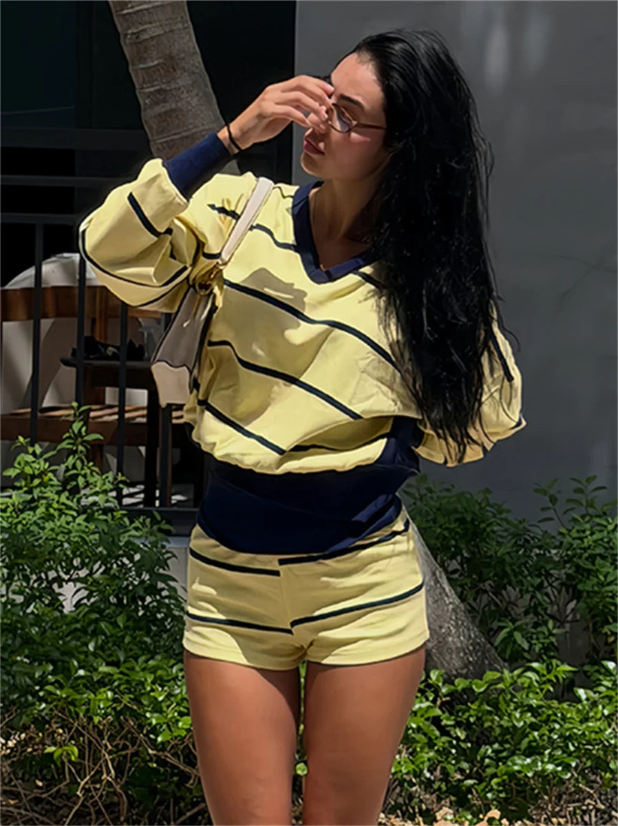 Sporty Stripes 2 Piece Set Women Color Blocking Trend Full Sleeve V-Neck T-Shirt+Bike Short Fashion Simple Streetwear