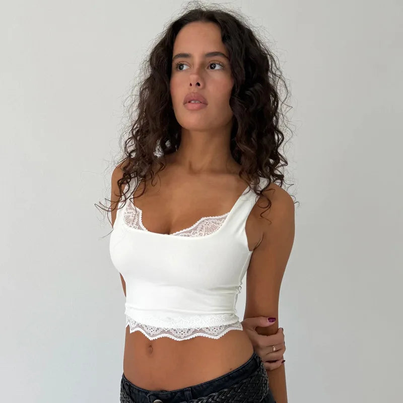 Lace Trim Sleeveless Backless Tank Tops White Black Fashion 2026 Summer Crop Tops for Woman Clothes