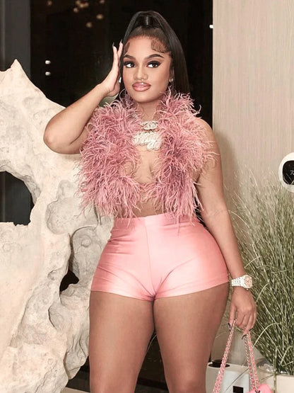 Sexy Hipster 2 Piece Set Women Y2K Summer Luxury Furs Tank Tops+Tight Stretch Shorts Midnight Clubwear Party Suits