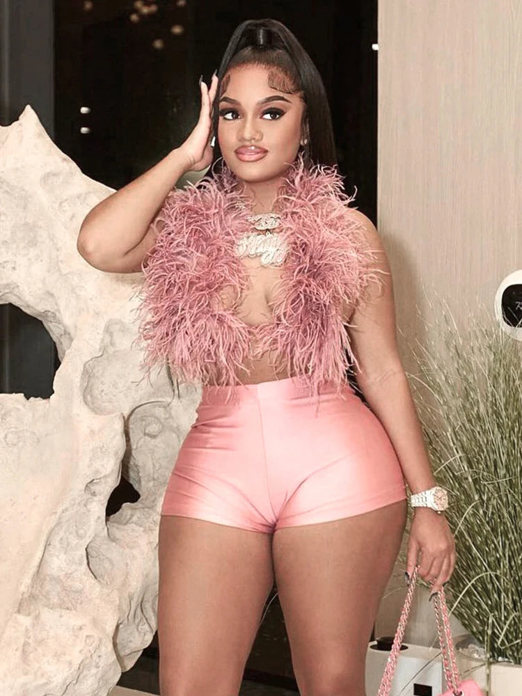 Sexy 2 Piece Set Women Mini Furs Tank Tops+Tight Stretch Shorts Y2K Summer Hipster Midnight Clubwear Party Outfits