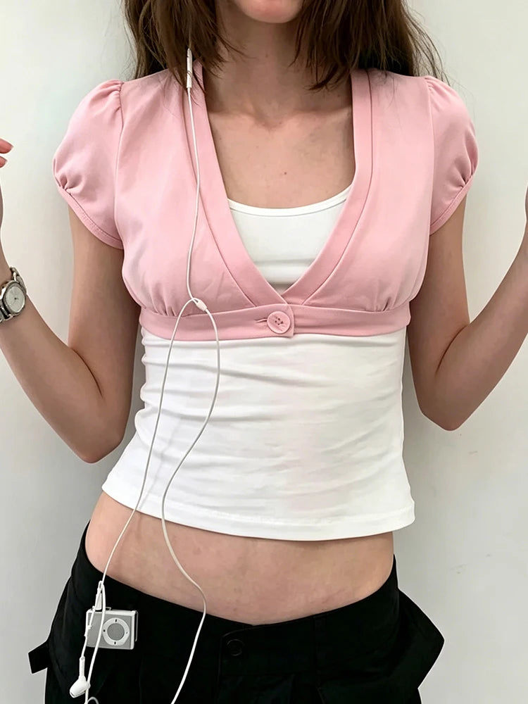 Dopamine Style t-Shirt Women Button Deep v-Neck Puff Sleeve Sexy High Street Hottie Simple Classic Casual Clubwear