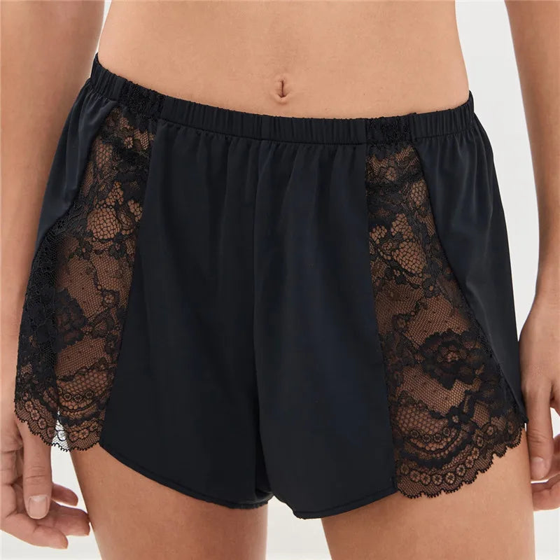 Women Sexy Lace Trim Sleep Shorts Elastic Waist Satin Pajama Shorts with Floral Lace Panel for Daily Casual Loungewear