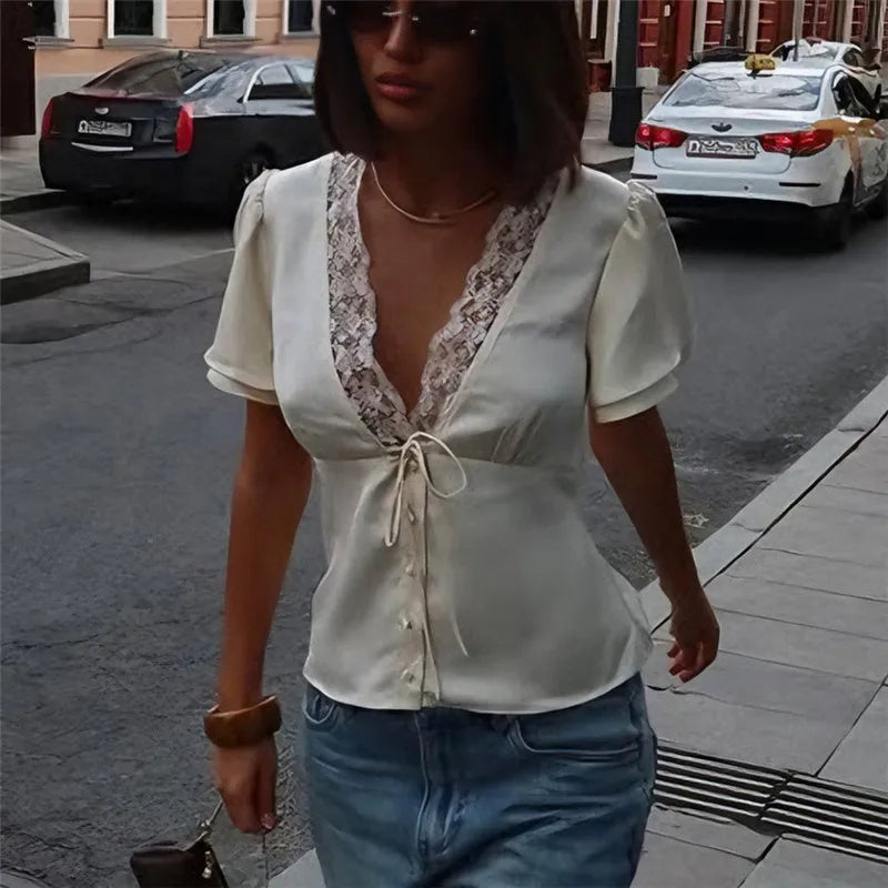 Women's Y2K Satin Lace Trim Blouse V Neck Tie Front Puff Short Sleeve Button Down Fitted Waist Streetwear Summer Top