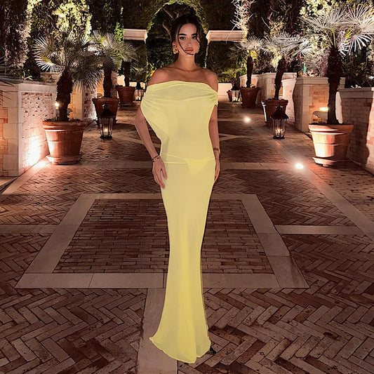 Sexy See Through Mesh Vacation Dresses Yellow Off Shoulder Backless Long Maxi Dress 2026 Fashion Trends Woman