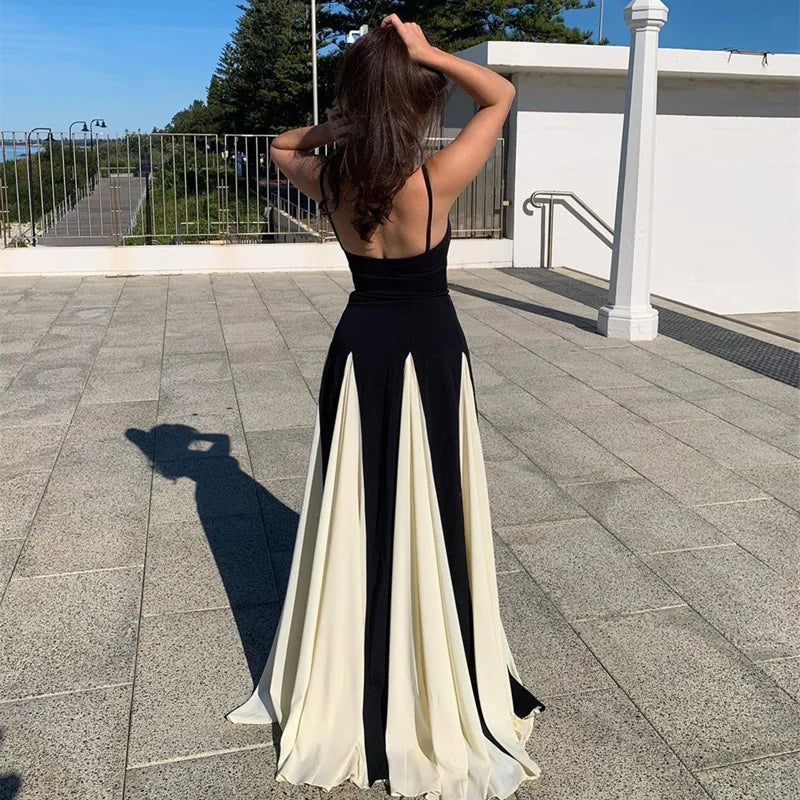Black Patchwork Elegant Fit and Flared Dresses Woman Clothing Sleeveless Long Maxi Dress Party Evening Gown