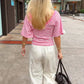 Women Striped V-Neck T-Shirt Short Sleeve Ruched Casual Top Pink White Stripe Summer Y2K Blouse Streetwear Tops