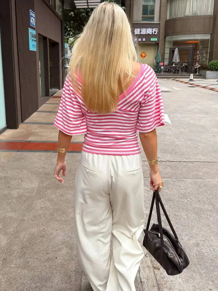 Women Striped V-Neck T-Shirt Short Sleeve Ruched Casual Top Pink White Stripe Summer Y2K Blouse Streetwear Tops