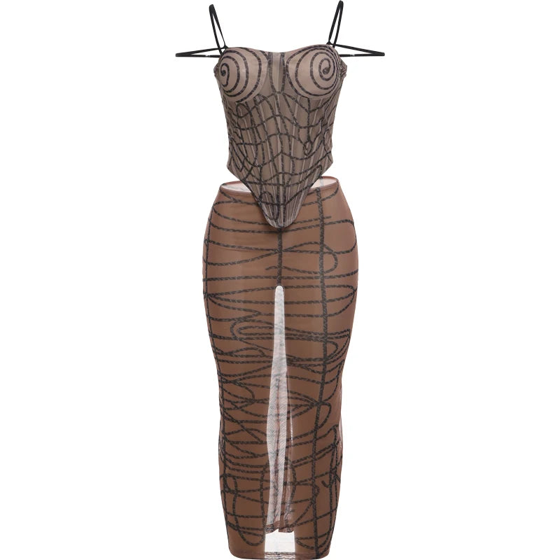 See Through Sexy 2 Piece Set Women Coquette Stripe Print Camisole+Long Skirts Midnight Clubwear Party Matching Suits