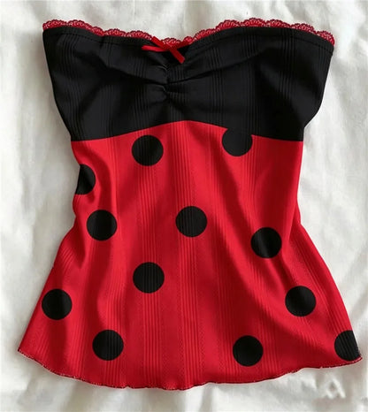 Y2K Women Strapless Tube Top Lace Trim Front Bow Ruched Design Striped Polka Dot Slim Flared Hem Summer Casual Tank Top