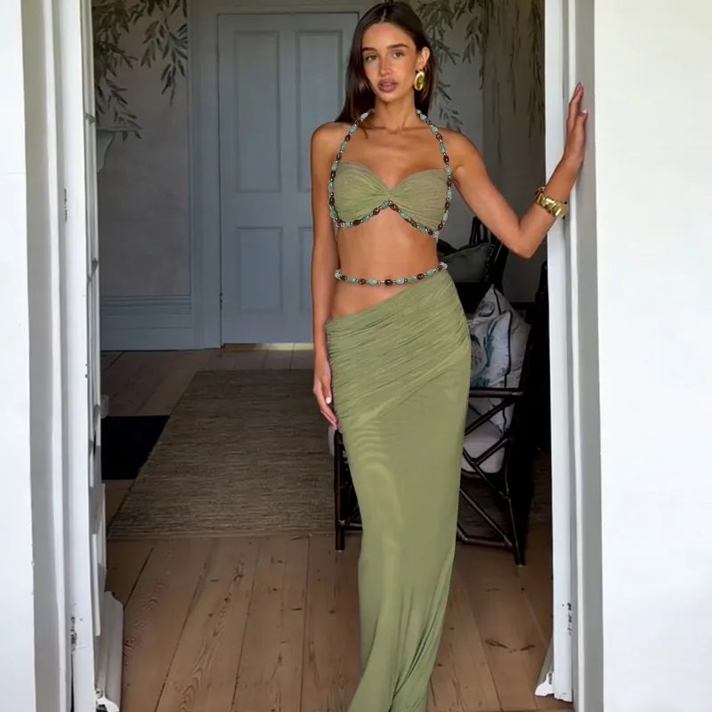 2 Piece Set Beaded Halter Top and Long Skirt Green Sexy Vacation Outfits Women Matching Sets Summer 2026