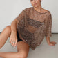 Women's Summer Sequined T-Shirt Casual Loose Fit Stylish Solid Color See Through Crew Neck Elbow Sleeve Tops Cover Ups