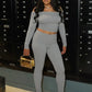 Sporty Tracksuits 2-Piece Set Women Slash Neck Crop Top+Ruched Pants Matching Simple Stretch Skinny Casual Outfits