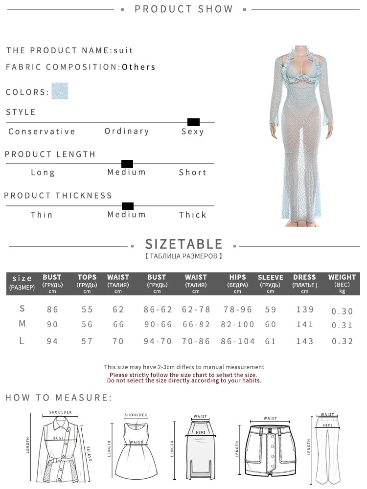 Lace Patchwork 2 Piece Set Woman Ruffles Edge Halter Backless Skinny Bodysuits+Low-Neck Full Sleeve Dress Sexy Suits