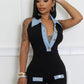 Denim Patchwork Rompers Women Halter Button Polo-Neck Backless Sleeveless Vacation Fashion Trend Skinny Playsuits