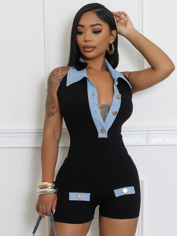 Denim Patchwork Rompers Women Halter Button Polo-Neck Backless Sleeveless Vacation Fashion Trend Skinny Playsuits