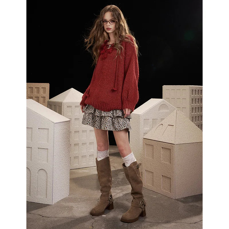Y2K Design Loose Solid 3D Rose Drawstring Tie Sweater For Women