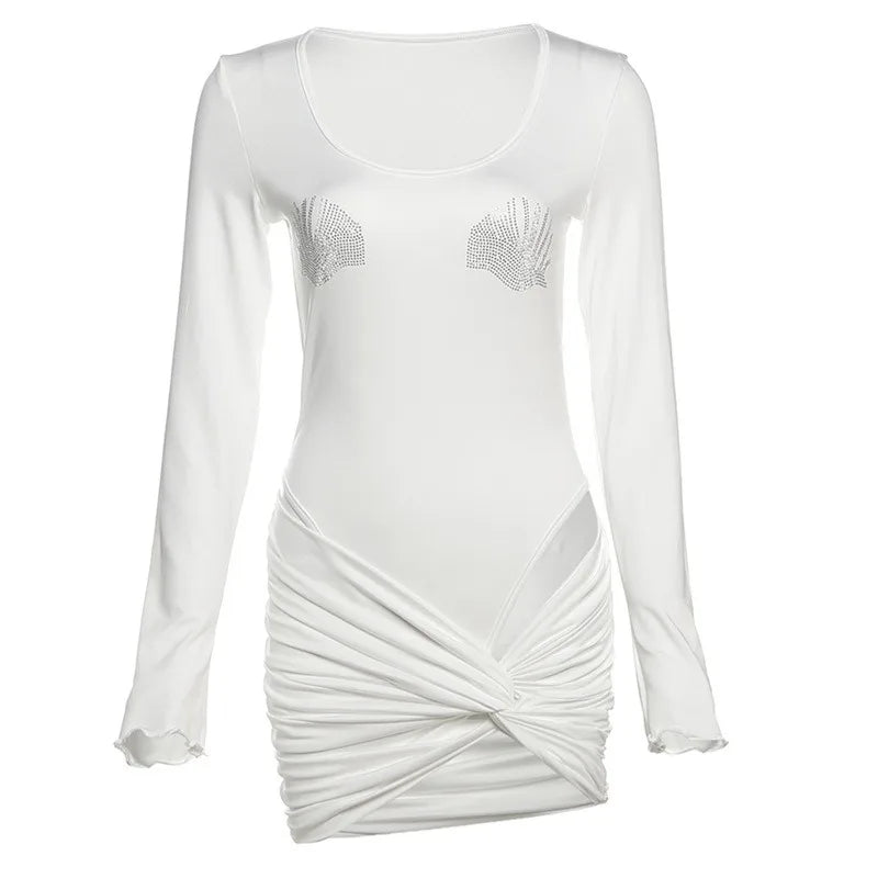 White Two Piece Sets for Woman Rhinestone Long Sleeve Bodysuit Top and Twisted Skirt Sexy Dress Set Fall 2025