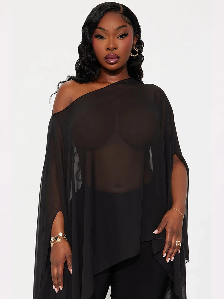 Mesh See Through Shawl Top Woman Sexy Coquette Skew Collar Batwing Collar Irregular Navel Exposed Design Clubwear