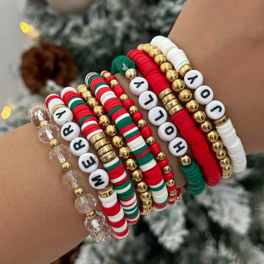 10Pcs/Set New Fashion Elastic Christmas Bracelets for Women Cute Red Green Beaded Chain Bracelet Christmas Jewelry 2026