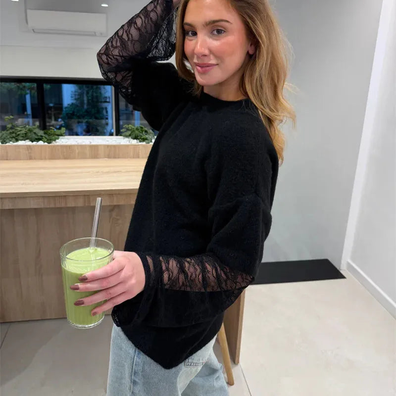 Women Fake Two Piece Sweater Lace Patchwork Long Sleeve Fuzzy Knit Top Crew Neck Loose Pullover Fall Winter Streetwear