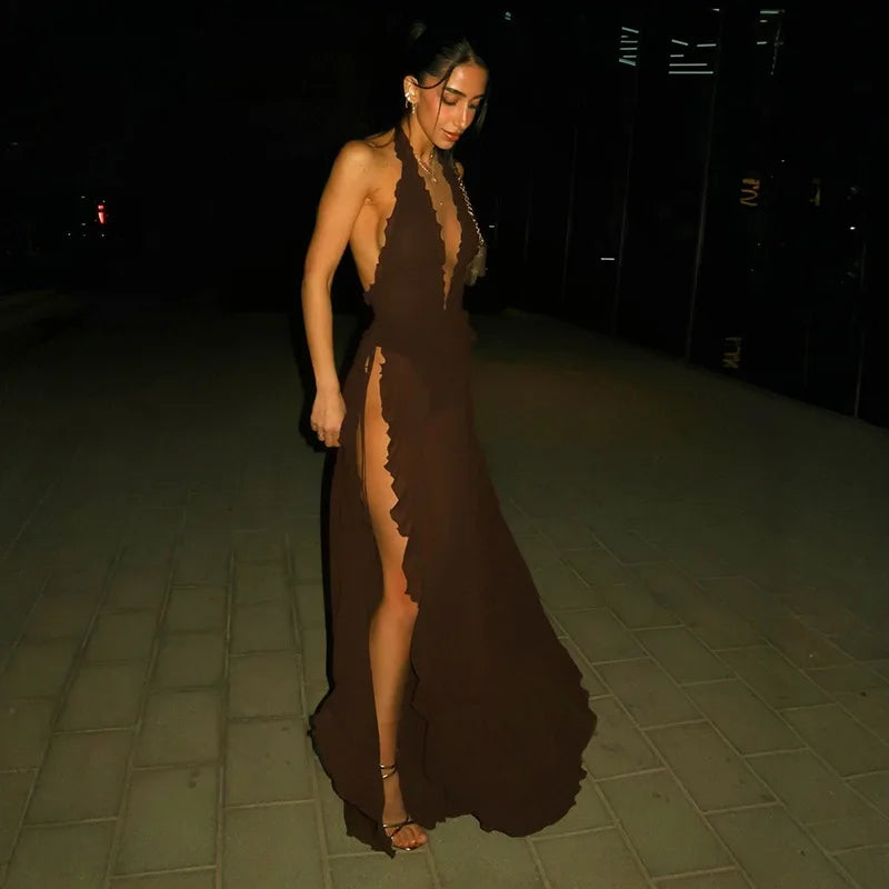Frilly Deep V Neck Backless High Split Maxi Dresses Brown Mesh Sheer Sexy Summer Dress for Woman 2026