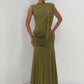 Women High Neck Sleeveless Maxi Dress Side Back Cutout Draped Knot Ruched Mermaid Evening Wedding Guest Formal Dress