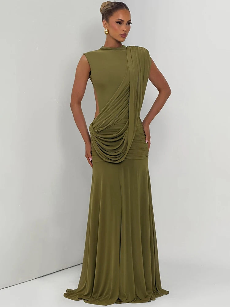 Women High Neck Sleeveless Maxi Dress Side Back Cutout Draped Knot Ruched Mermaid Evening Wedding Guest Formal Dress