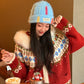 Y2K Cute Color Block Patch Logo Warm Knit Beanie For Women