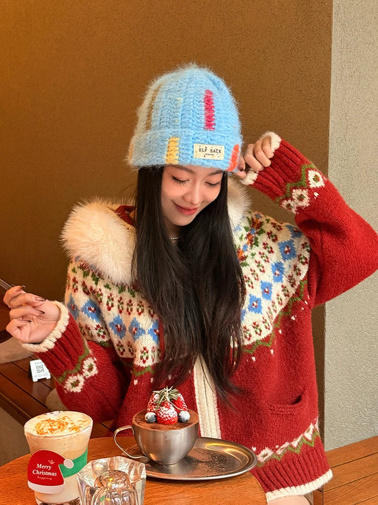 Y2K Cute Color Block Patch Logo Warm Knit Beanie For Women