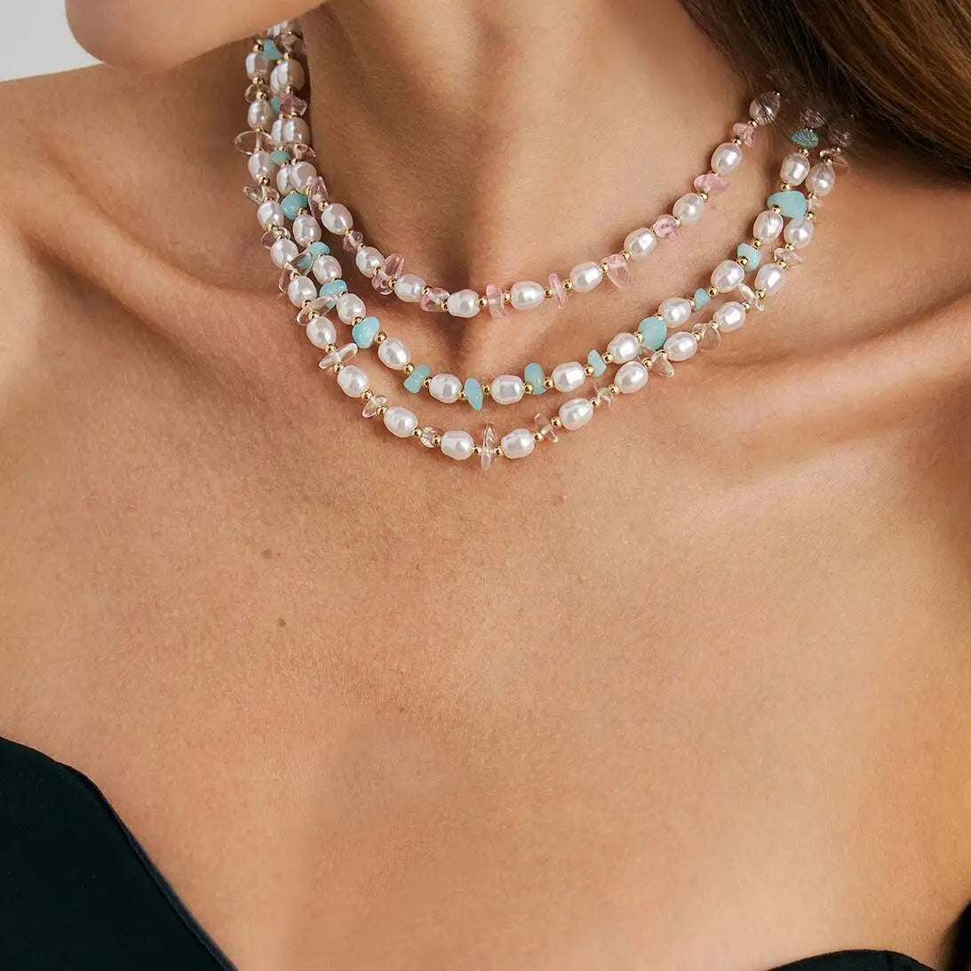 Y2K Boho Imitation Pearls Geometry Chain Necklace for Women Trendy Temperament Party Birthday Necklace New Jewelry Gift