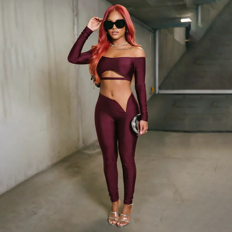 Sexy 2-Piece Set Women Hollow Slash Neck Full Sleeve Crop Tops+v-Waist Skinny Pants High Elasticity Chic Streetwear