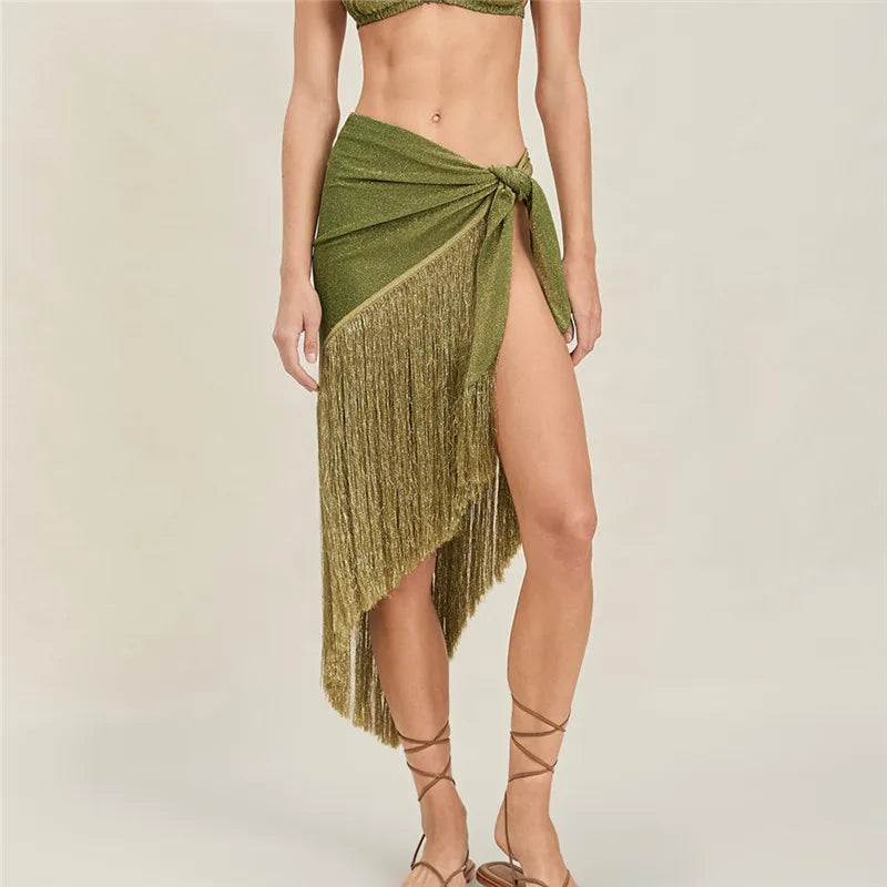 Sexy Fringe Halter Top/Wrap Skirt 2-in-1 Convertible Cover-Up Women Two Ways To Wear For Summer Beach Party Clubwear