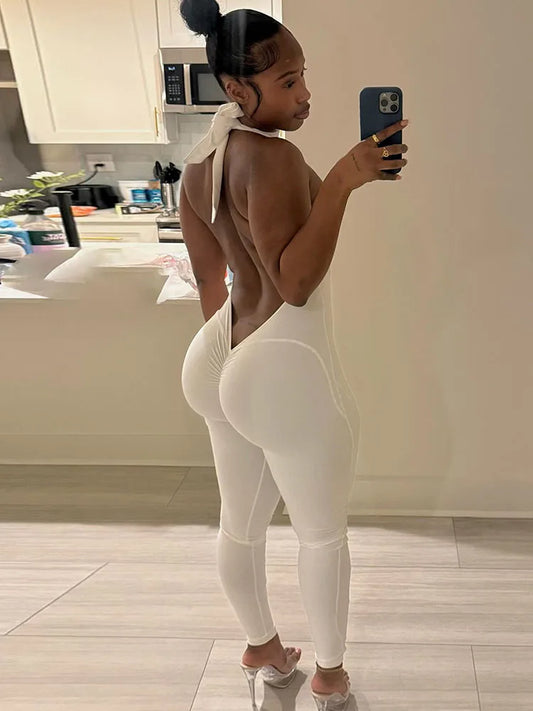 Hottie Jumpsuits Woman Bandage Halter Turtleneck Sexy Backless Sleeveless Skinny Peach Hip High Street Fashion Overalls