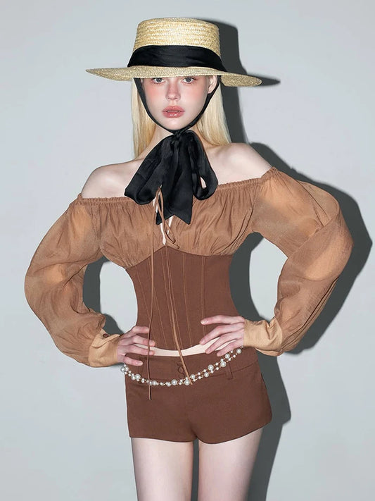 Elastic Slash Neck T-Shirt Women Sexy Patchwork Bandages Hollow Button Full Sleeve Chic Street Club Skinny Crop Tops